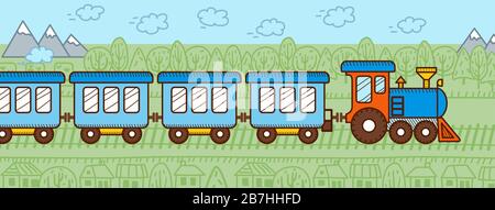 Cartoon blue train with railway carriages on nature background. Banner. Stock Vector