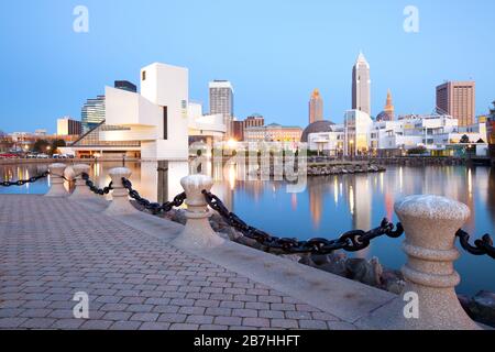 Cleveland, Ohio, United States - The modern building of the Rock and Roll Hall of Fame Museum. and downtown skyline. Stock Photo