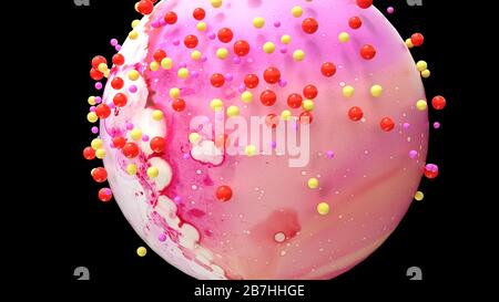 Colorful abstract balls flying around the center on black background - 3D Rendering Stock Photo