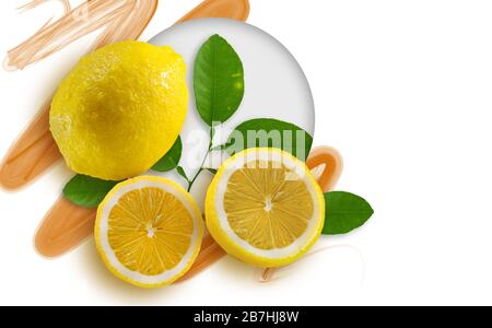 Fresh Lemon fruit with leaf isolated background Stock Photo