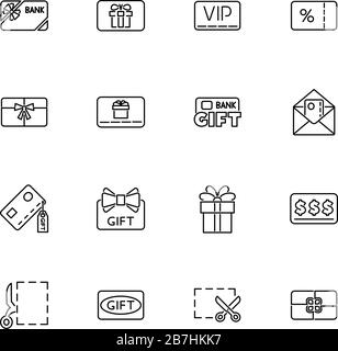 Gift Cards, Coupon, Voucher outline icons set - Black symbol on white background. Gift Cards, Coupon Simple Illustration Symbol - lined simplicity Sig Stock Vector