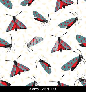 Six spot burnet butterfly seamless vector pattern background. Day flying moth illustration.Scottish coastal insect repeat backdrop. All over print for Stock Vector