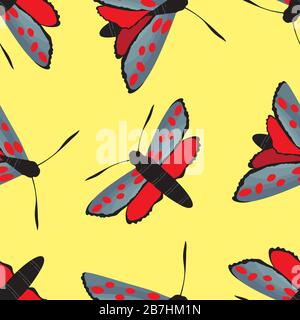 Six spot burnet butterfly seamless vector pattern background. Day flying moth illustration.Scottish coastal insect repeat backdrop. All over print for Stock Vector