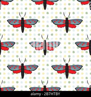 Six spot burnet butterfly seamless vector pattern background. Day flying moth illustration.Scottish coastal insect geometric backdrop.All over print Stock Vector