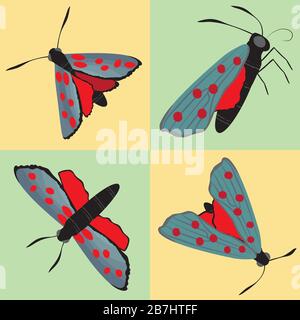 Six spot burnet butterfly seamless vector pattern background. Day flying moth illustration.Scottish coastal insect geometric backdrop.All over print Stock Vector