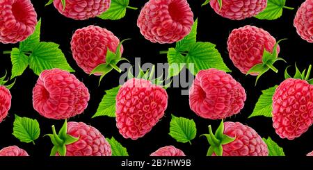 Raspberry seamless pattern on black background Stock Photo