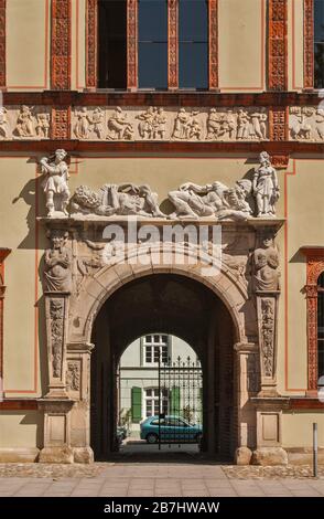 High reliefs over entrance to Fürstenhof castle in Wismar in Mecklenburg-West Pomerania, Germany Stock Photo