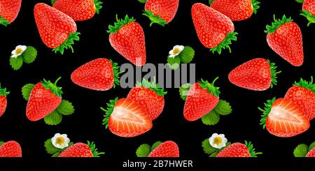 Strawberry seamless pattern on black background Stock Photo
