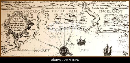 1584 - The earliest known map showing  the North-east coast of England from Robin Hoods Bay (left) to  Coquet Island. Many place names have different spellings or are difficult to place with their modern counterparts Stock Photo