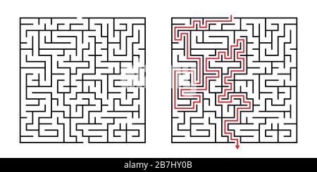 Vector Square Maze - Labyrinth with Included Solution in Black & Red. Funny Educational Mind Game for Coordination, Problems Solving, Decision Making Stock Vector