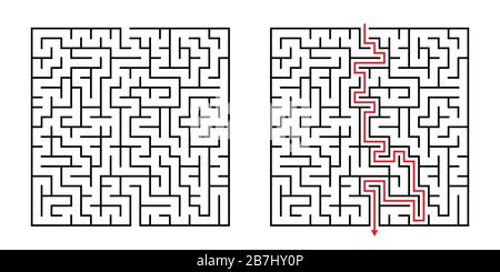 Vector Square Maze - Labyrinth with Included Solution in Black & Red. Funny Educational Mind Game for Coordination, Problems Solving, Decision Making Stock Vector