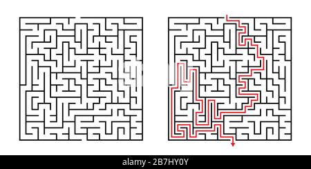 Vector Square Maze - Labyrinth with Included Solution in Black & Red. Funny Educational Mind Game for Coordination, Problems Solving, Decision Making Stock Vector