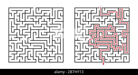 Vector Square Maze - Labyrinth with Included Solution in Black & Red. Funny Educational Mind Game for Coordination, Problems Solving, Decision Making Stock Vector