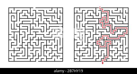 Vector Square Maze - Labyrinth with Included Solution in Black & Red. Funny Educational Mind Game for Coordination, Problems Solving, Decision Making Stock Vector