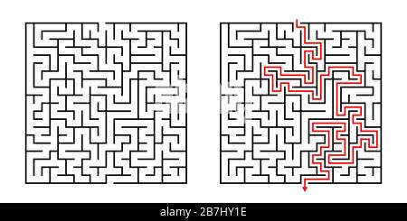 Vector Square Maze - Labyrinth with Included Solution in Black & Red. Funny Educational Mind Game for Coordination, Problems Solving, Decision Making Stock Vector