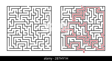 Vector Square Maze - Labyrinth with Included Solution in Black & Red. Funny Educational Mind Game for Coordination, Problems Solving, Decision Making Stock Vector