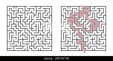 Vector Square Maze - Labyrinth with Included Solution in Black & Red. Funny Educational Mind Game for Coordination, Problems Solving, Decision Making Stock Vector