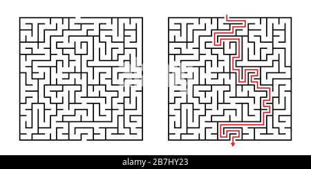 Vector Square Maze - Labyrinth with Included Solution in Black & Red. Funny Educational Mind Game for Coordination, Problems Solving, Decision Making Stock Vector