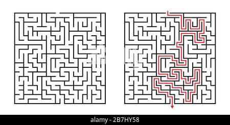 Vector Square Maze - Labyrinth with Included Solution in Black & Red. Funny Educational Mind Game for Coordination, Problems Solving, Decision Making Stock Vector