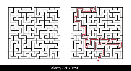 Vector Square Maze - Labyrinth with Included Solution in Black & Red. Funny Educational Mind Game for Coordination, Problems Solving, Decision Making Stock Vector