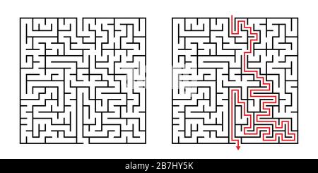 Vector Square Maze - Labyrinth with Included Solution in Black & Red. Funny Educational Mind Game for Coordination, Problems Solving, Decision Making Stock Vector