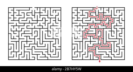 Vector Square Maze - Labyrinth with Included Solution in Black & Red. Funny Educational Mind Game for Coordination, Problems Solving, Decision Making Stock Vector