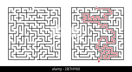 Vector Square Maze - Labyrinth with Included Solution in Black & Red. Funny Educational Mind Game for Coordination, Problems Solving, Decision Making Stock Vector