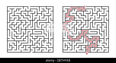 Vector Square Maze - Labyrinth with Included Solution in Black & Red. Funny Educational Mind Game for Coordination, Problems Solving, Decision Making Stock Vector