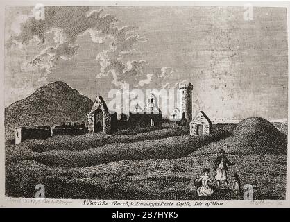 A 1775 engraving of the ruined St Patrick's church and armoury in Peele Castle (Cashtal Purt ny h-Inshey) , Isle of Man with a mother father and child possibly having a picnic . The castle was built in the 11th century by Vikings at the time of King Magnus Barefoot on thge site of a monastery. Peel Castle is one of the many places sited as being the original Arthurian Isle of Avalon. Stock Photo