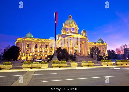 Belgrade. Dawn street view of famous landmarks in Belgrade, serbian parliament building, capital of Serbia Stock Photo