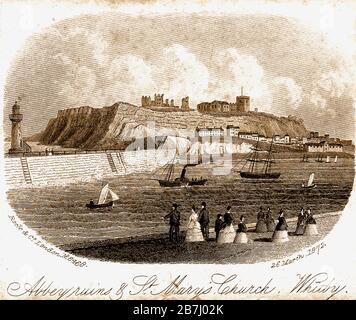 An historic   print ( Tuesday 26th March 1872) of Whitby Harbour (North Yorkshire UK) showing the  East Pier and lighthouse, Spa Ladders, Haggerlythe, the Abbey ruins, St Mary's Parish Church and Henrietta Street. Ladies and Gentlemen in their   Best clothing and hooped skirts watch sailing boats, a steamer and a small yacht. Stock Photo