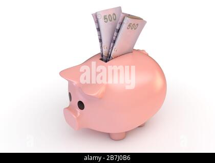 A pink piggy bank with a rolled up pair of thailand bhat bank notes inserted into it on an isolated white studio background - 3D render Stock Photo