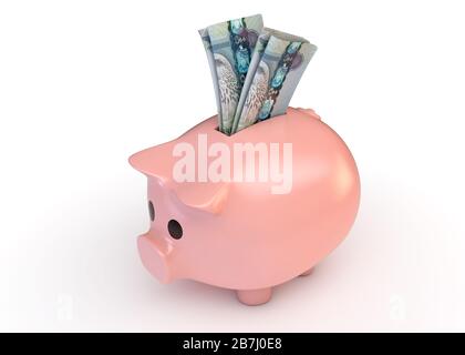 A pink piggy bank with a rolled up pair of dubai dirham bank notes inserted into it on an isolated white studio background - 3D render Stock Photo