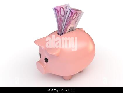 A pink piggy bank with a rolled up pair of euro bank notes inserted into it on an isolated white studio background - 3D render Stock Photo