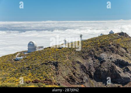 Roque de los Muchachos Observatory is an astronomical observatory located in the island of La Palma in the Canary Islands. Observatory at Caldera De T Stock Photo