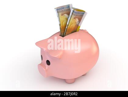 A pink piggy bank with a rolled up pair of swiss franc bank notes inserted into it on an isolated white studio background - 3D render Stock Photo