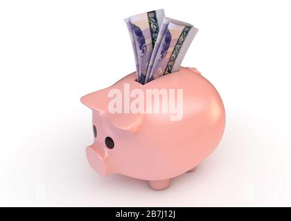 A pink piggy bank with a rolled up pair of norwegian kroner bank notes inserted into it on an isolated white studio background - 3D render Stock Photo