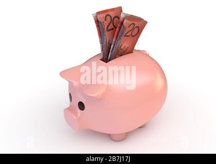 A pink piggy bank with a rolled up pair of australian dollar bank notes inserted into it on an isolated white studio background - 3D render Stock Photo