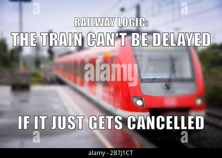 Railway logic funny meme for social media sharing. Public transportation problems joke. Stock Photo