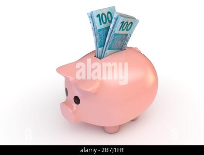 A pink piggy bank with a rolled up pair of brazilian real bank notes inserted into it on an isolated white studio background - 3D render Stock Photo