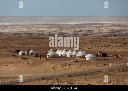 A Yurt camp at the entrance to the site of the Ayaz Kala Fort site in Uzbekistan Stock Photo