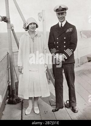 The Duke and Duchess of York aboard the H.M.S. Renown in 1927.  Prince Albert Frederick Arthur George, Duke of York, future George VI, 1895 – 1952.  King of the United Kingdom and the Dominions of the British Commonwealth. Duchess of  York, future Queen Elizabeth, The Queen Mother.  Elizabeth Angela Marguerite Bowes-Lyon, 1900 – 2002.  Wife of King George VI and mother of Queen Elizabeth II.  From King George the Sixth, published 1937. Stock Photo