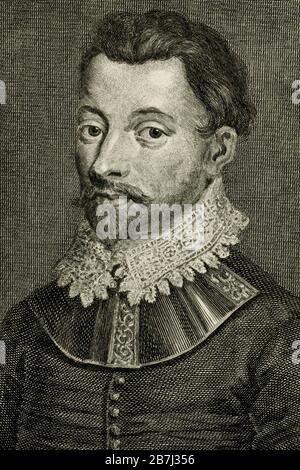 Sir Francis Drake (1540-1596), sea captain and circumnavigator of the world.  Close detail of copperplate engraving, published in about 1746, by Dutch engraver, Jacobus Houbraken (1798 - 1780).  In 1588, as Vice-Admiral of the English fleet, Drake defeated the Spanish Armada and thwarted an attempted invasion of England by King Philip II of Spain. Stock Photo