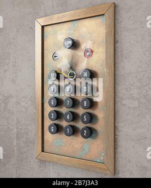 A concept showing an old retro elevator control panel with a missing ...
