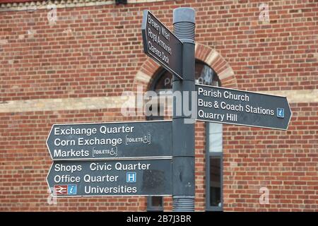 LEEDS, UK - JULY 11, 2016: Landmarks and attractions direction signs Leeds, UK. Leeds urban area has 1.78 million population. Stock Photo