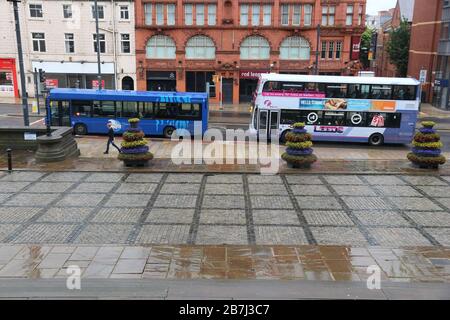 LEEDS, UK - JULY 11, 2016: People ride FirstLeeds double decker bus in Leeds, UK. FirstGroup employs 124,000 people. Stock Photo