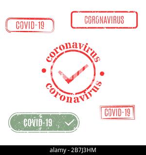 Set of rectangular and round coronavirus stamps isolated on white background, vector illustration. Stock Vector