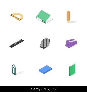 Set of icons isolated on white background, office and school. Flat 3d isometric style, vector illustration. Stock Vector
