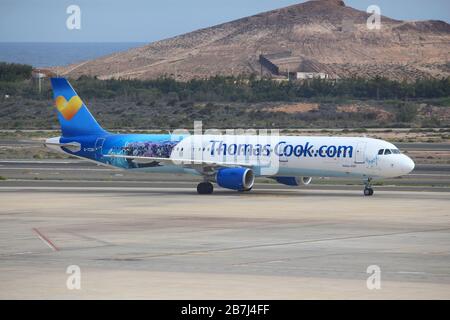 GRAN CANARIA, SPAIN - DECEMBER 7, 2015: Thomas Cook Airbus A321 aircraft at Las Palmas Airport, Spain. Thomas Cook travel group collapsed in September