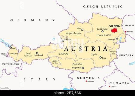 Austria, political map, with the capital Vienna, nine federated states and their capitals. With borders and the neighbor countries. English labeling. Stock Photo